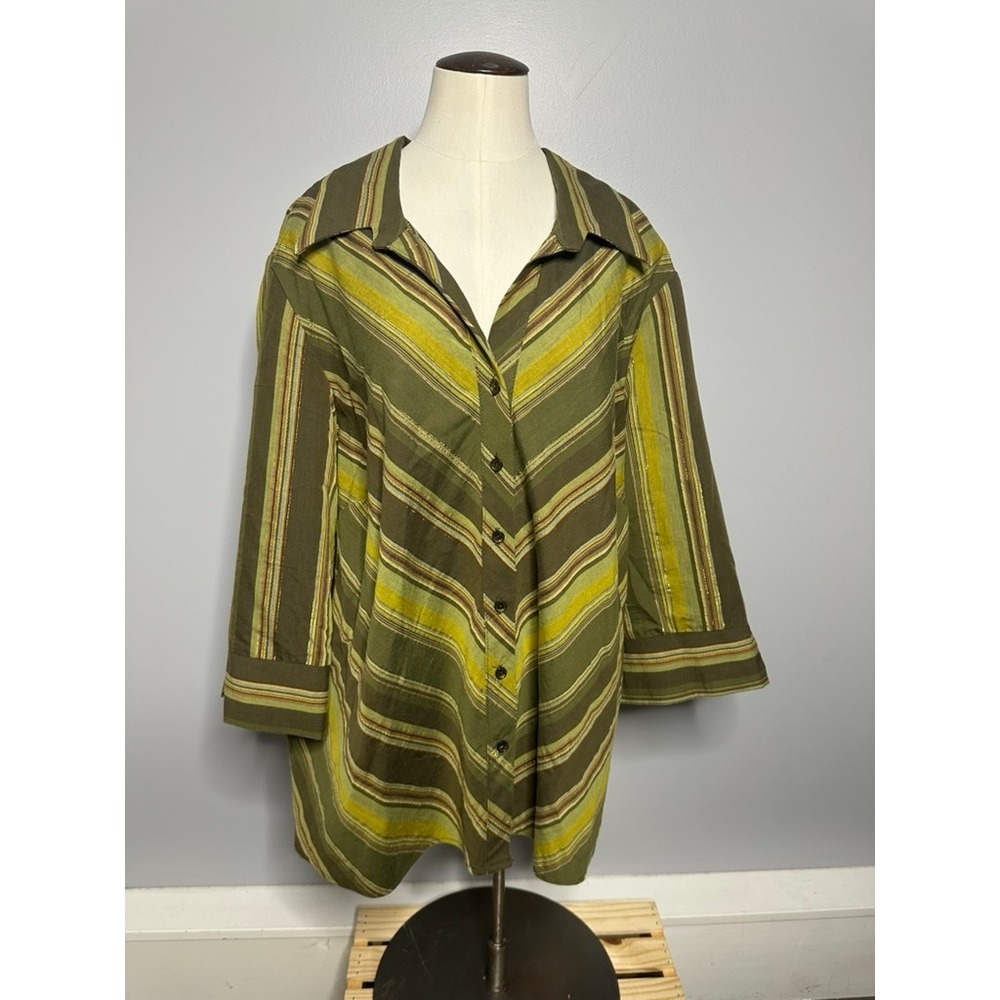 Lane Bryant Green Chevron Stripe Lurex Button Up Tunic Top 26/28 Made in USA